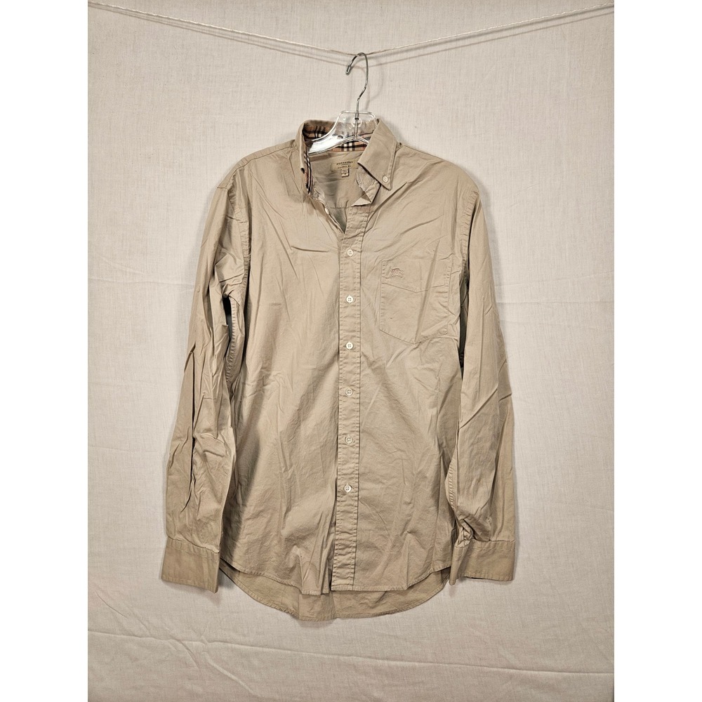 Burberry London Mens Classic Fit Nova Check Trim Tan Khaki Button Down Shirt S